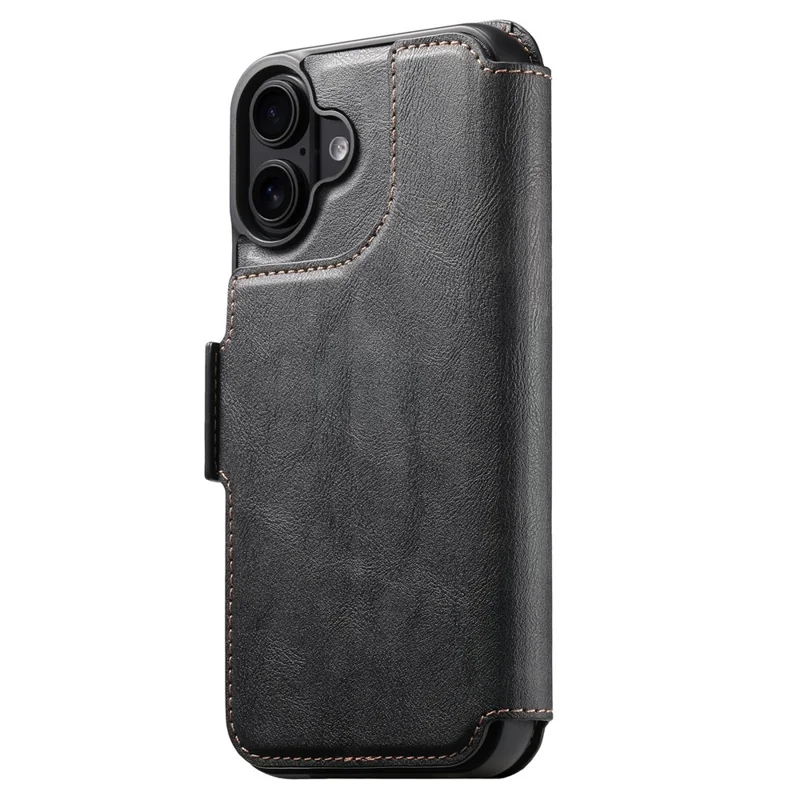 SUTENI Q-07 For iPhone 16 Plus Case Magnetic Color Splicing Cowhide Texture Leather Cover - Black