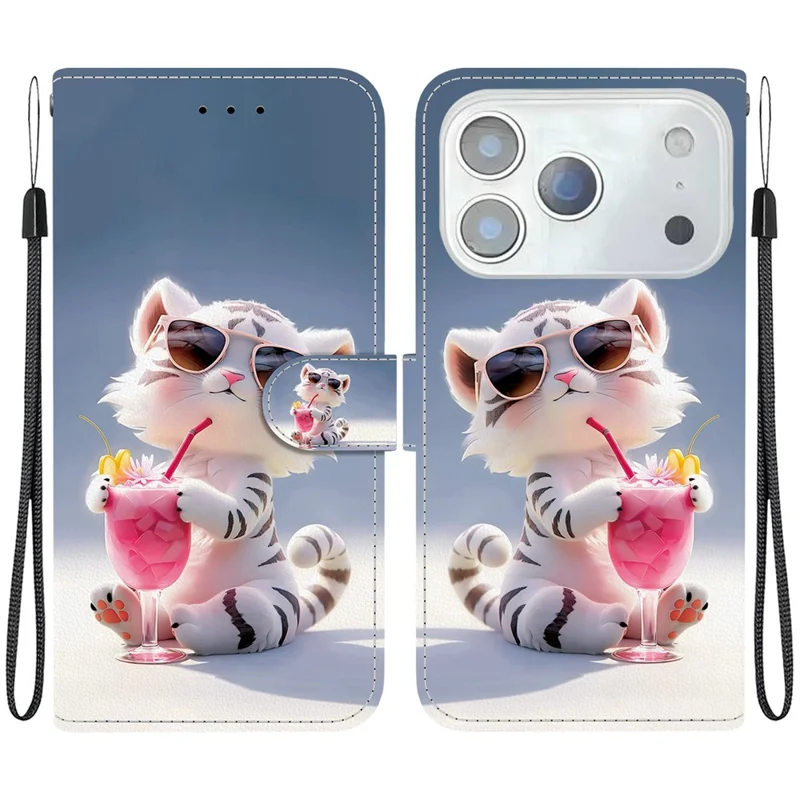 For iPhone 17 Pro Case Pattern Printing Anti-Drop Leather Flip Wallet Phone Cover with Lanyard - Cartoon Tiger