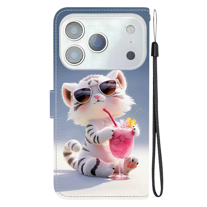 For iPhone 17 Pro Case Pattern Printing Anti-Drop Leather Flip Wallet Phone Cover with Lanyard - Cartoon Tiger