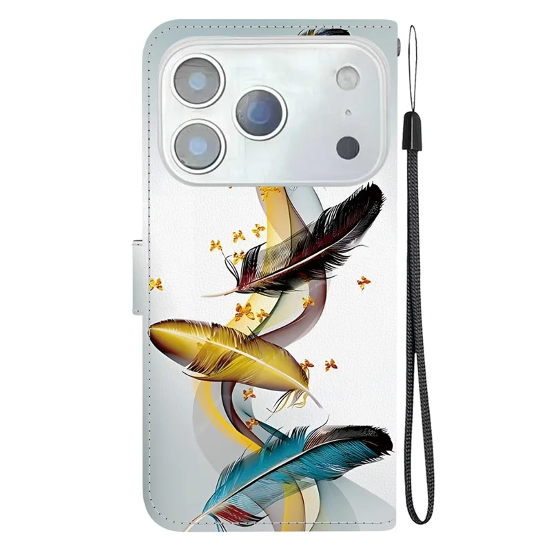 Til iPhone 17 Pro Max Case Mønsterprint Anti-drop Læder Flip Wallet Telefonbeskyttelse med Lanyard - Gylden Sommerfugl Fjer