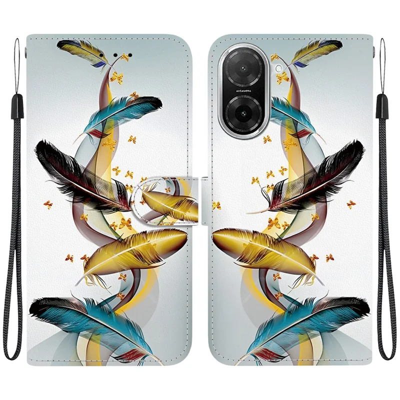 For Xiaomi Redmi A5 4G (171.7mm)  /  Poco C71 4G Case Pattern Printing Leather Flip Wallet Phone Cover with Lanyard - Golden Butterfly Feather