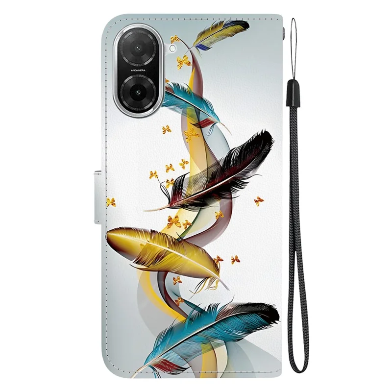 For Xiaomi Redmi A5 4G (171.7mm)  /  Poco C71 4G Case Pattern Printing Leather Flip Wallet Phone Cover with Lanyard - Golden Butterfly Feather
