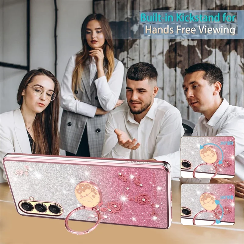 KADEM Pour Coque Samsung Galaxy A26 5G avec Anneau Support TPU Fleurs Étui de Téléphone Dégradé Pailleté - Or Rose
