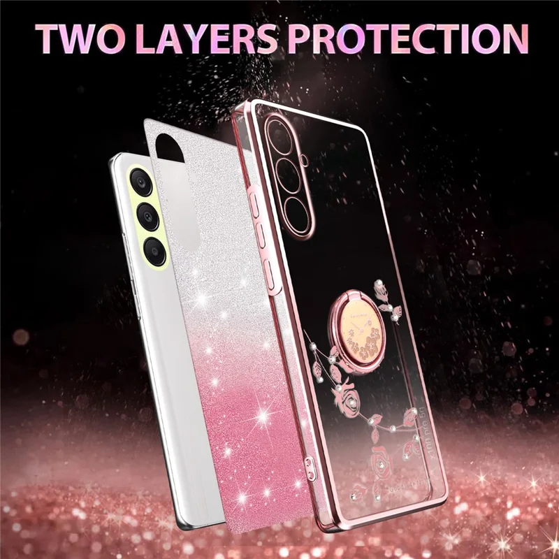 KADEM Pour Coque Samsung Galaxy A26 5G avec Anneau Support TPU Fleurs Étui de Téléphone Dégradé Pailleté - Or Rose