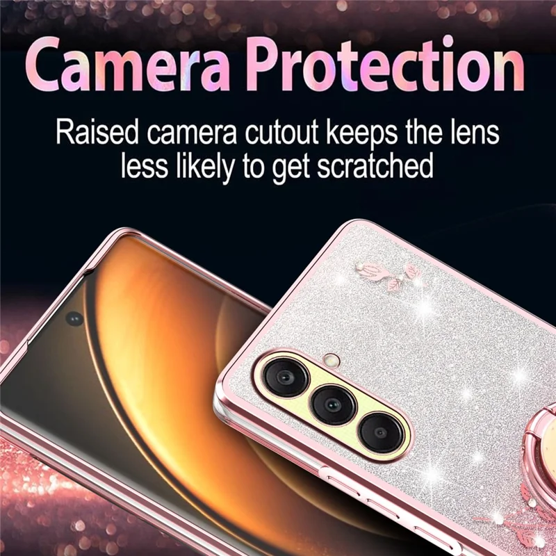 KADEM Pour Coque Samsung Galaxy A26 5G avec Anneau Support TPU Fleurs Étui de Téléphone Dégradé Pailleté - Or Rose