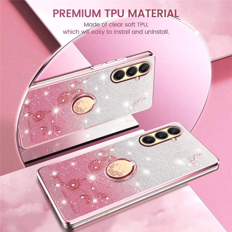 KADEM Pour Coque Samsung Galaxy A26 5G avec Anneau Support TPU Fleurs Étui de Téléphone Dégradé Pailleté - Or Rose
