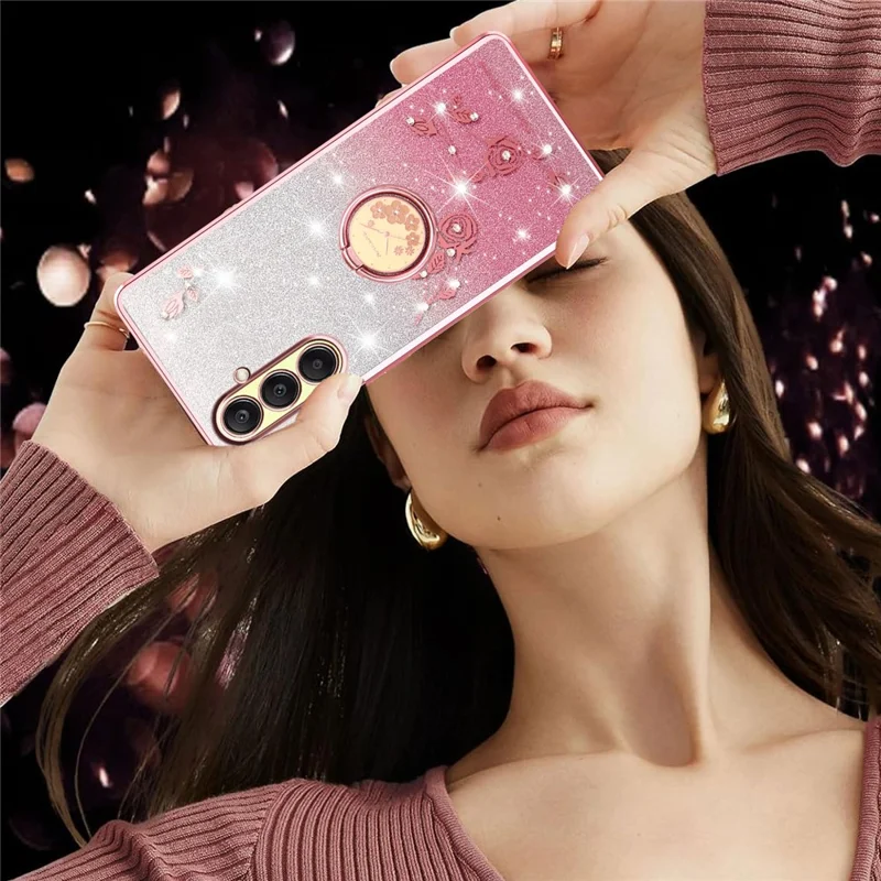 KADEM Pour Coque Samsung Galaxy A26 5G avec Anneau Support TPU Fleurs Étui de Téléphone Dégradé Pailleté - Or Rose