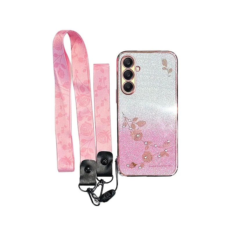 KADEM For Samsung Galaxy A26 5G Case Flower Pattern TPU Gradient Phone Cover with Lanyards - Rose Gold