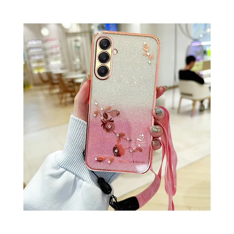 KADEM For Samsung Galaxy A26 5G Case Flower Pattern TPU Gradient Phone Cover with Lanyards - Rose Gold
