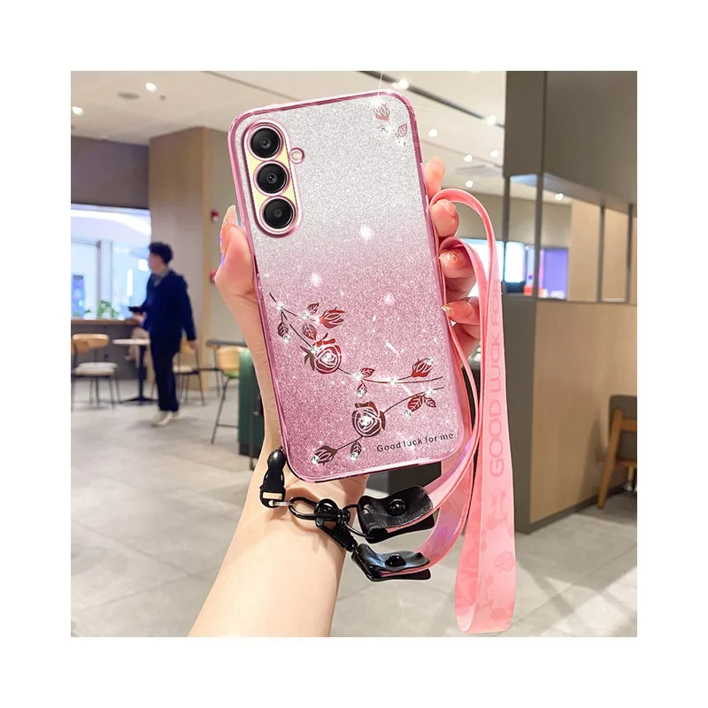 KADEM For Samsung Galaxy A26 5G Case Flower Pattern TPU Gradient Phone Cover with Lanyards - Rose Gold