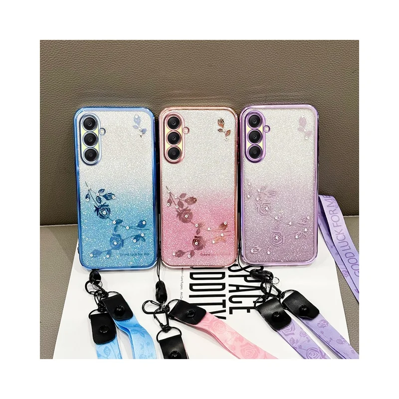 KADEM For Samsung Galaxy A26 5G Case Flower Pattern TPU Gradient Phone Cover with Lanyards - Rose Gold