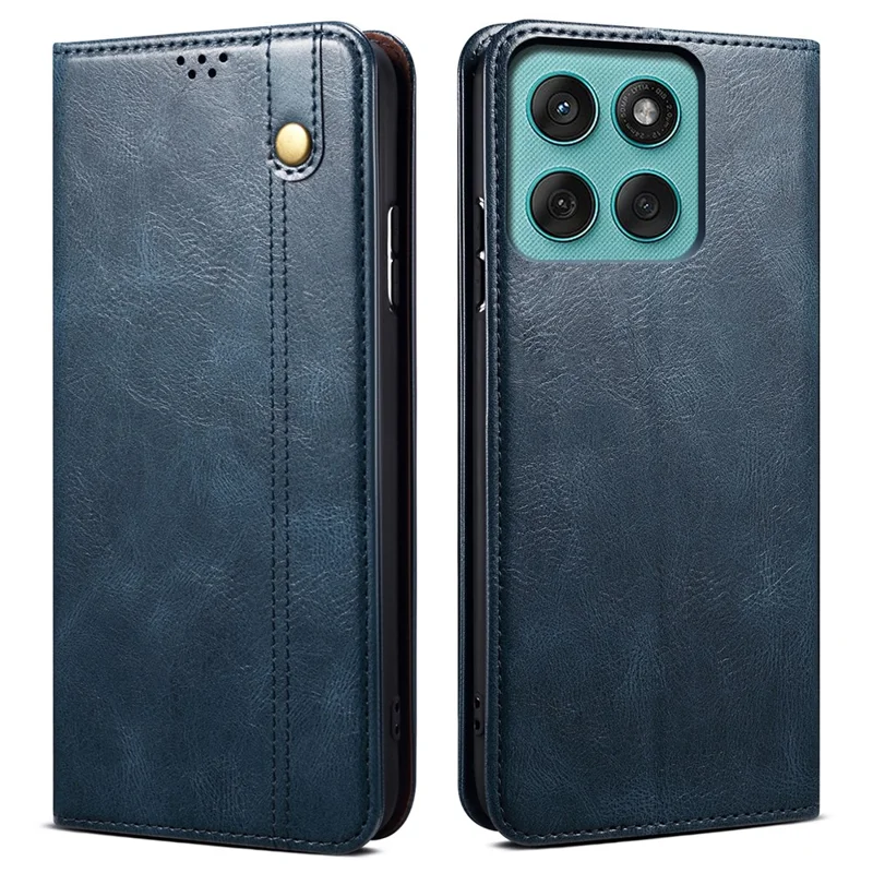 Funda de cuero tipo caballo loco con textura encerada y soporte para Motorola Edge 60 Pro 5G - Azul