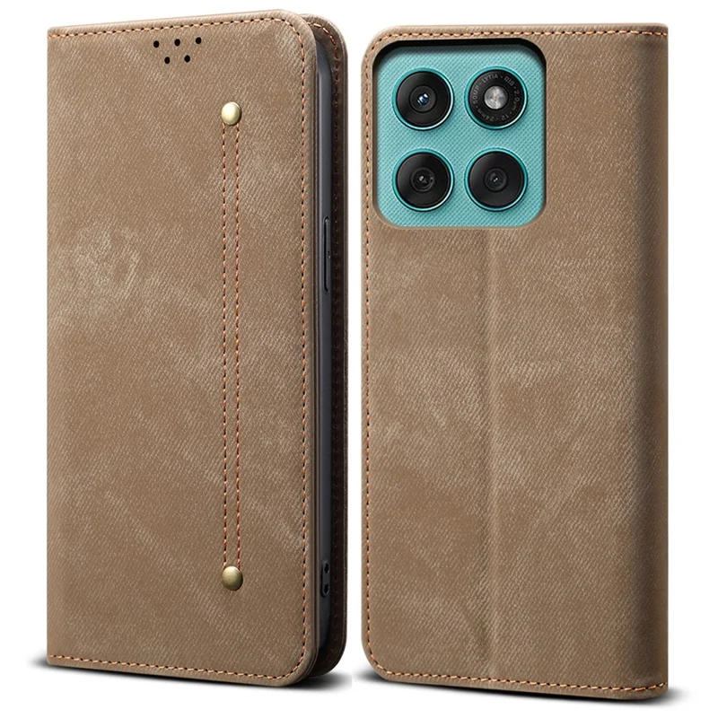 For Motorola Edge 60 Pro 5G Case Jeans Cloth Texture Anti-Scratch Leather Stand Phone Cover - Khaki