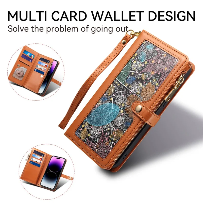 ESEBLE Galaxy Series For Motorola Moto G56 5G Case RFID Blocking Leather Zipper Phone Cover with Shoulder Strap + Wrist Strap - Brown