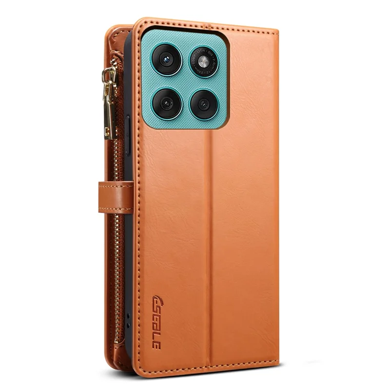 ESEBLE Galaxy Series For Motorola Moto G56 5G Case RFID Blocking Leather Zipper Phone Cover with Shoulder Strap + Wrist Strap - Brown