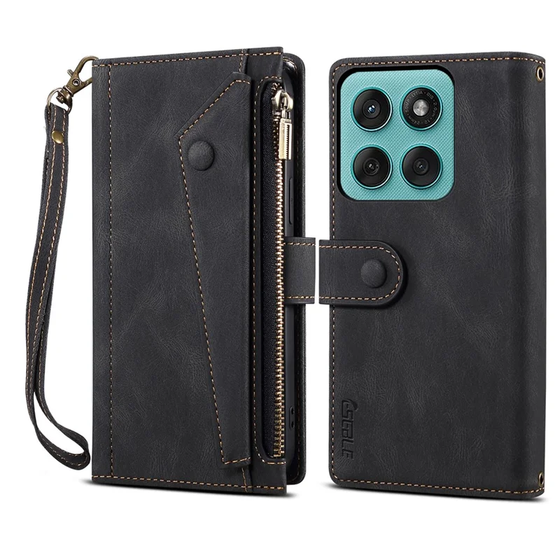 ESEBLE Star Series For Motorola Moto G56 5G Case Zipper Wallet Leather Stand Phone Cover with Wrist Strap - Black
