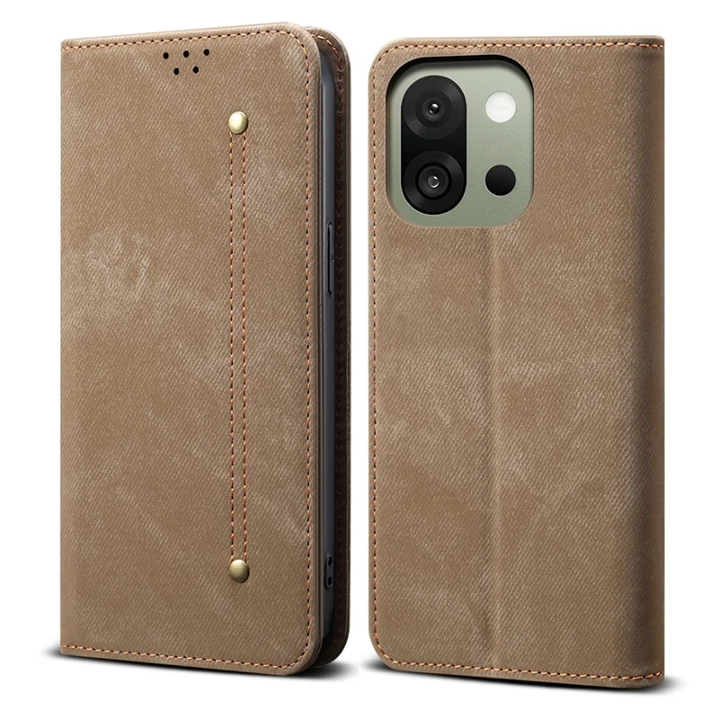 For OnePlus 13s 5G Case Jeans Cloth Texture Anti-Scratch Leather Stand Phone Cover - Khaki