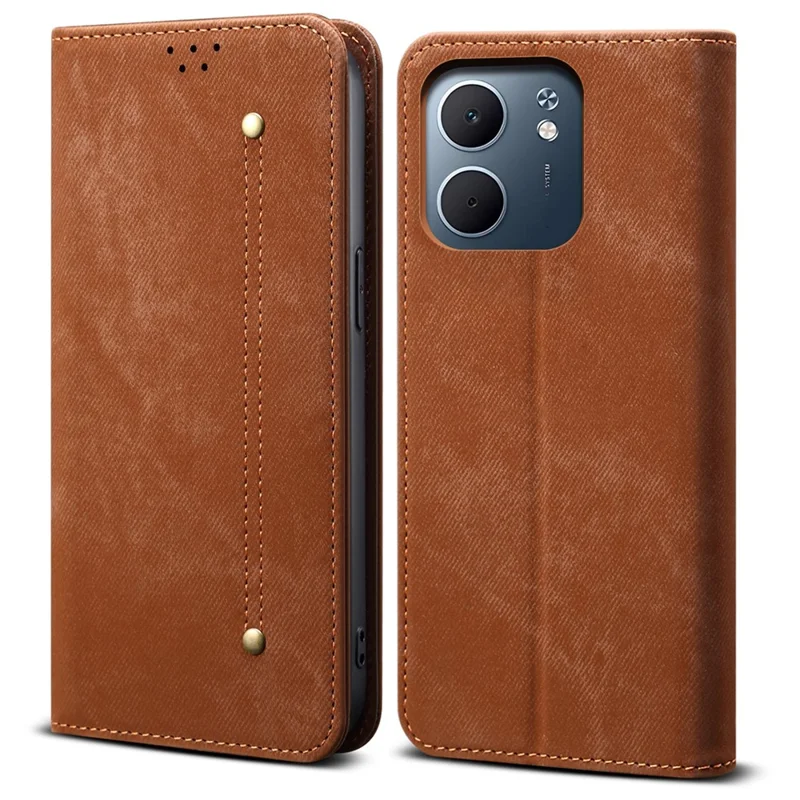 Funda para Oppo A5x 4G / 5G con Textura de Vaqueros, Protección Antiarañazos y Soporte de Cuero - Color Café