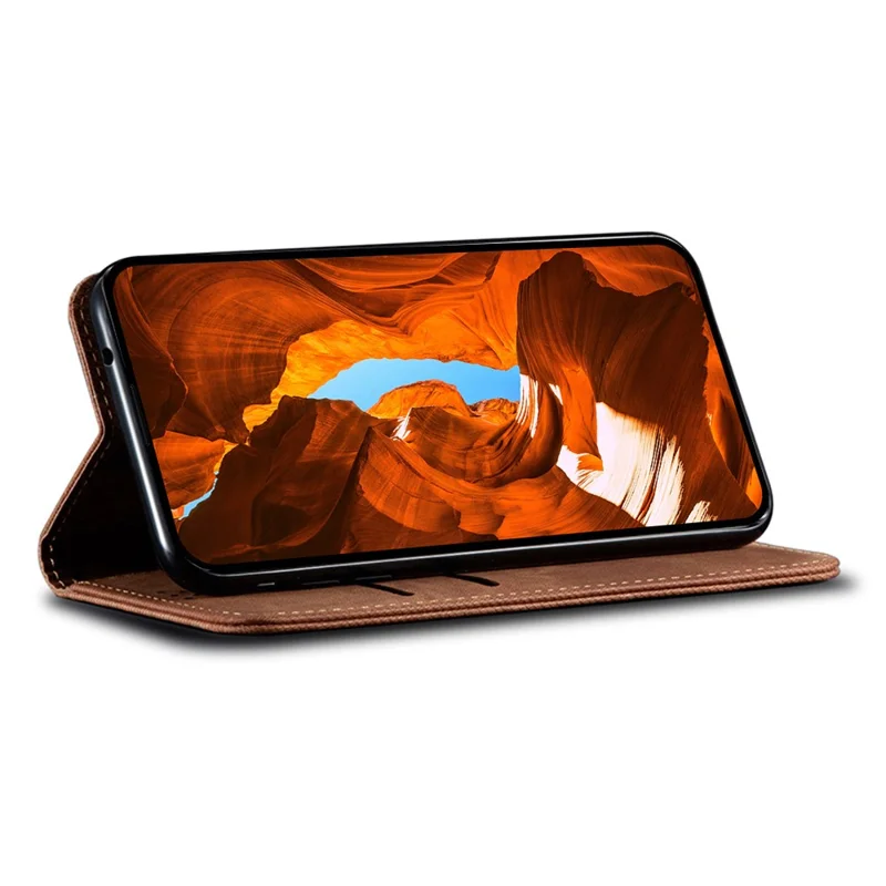 Funda para Oppo A5x 4G / 5G con Textura de Vaqueros, Protección Antiarañazos y Soporte de Cuero - Color Café