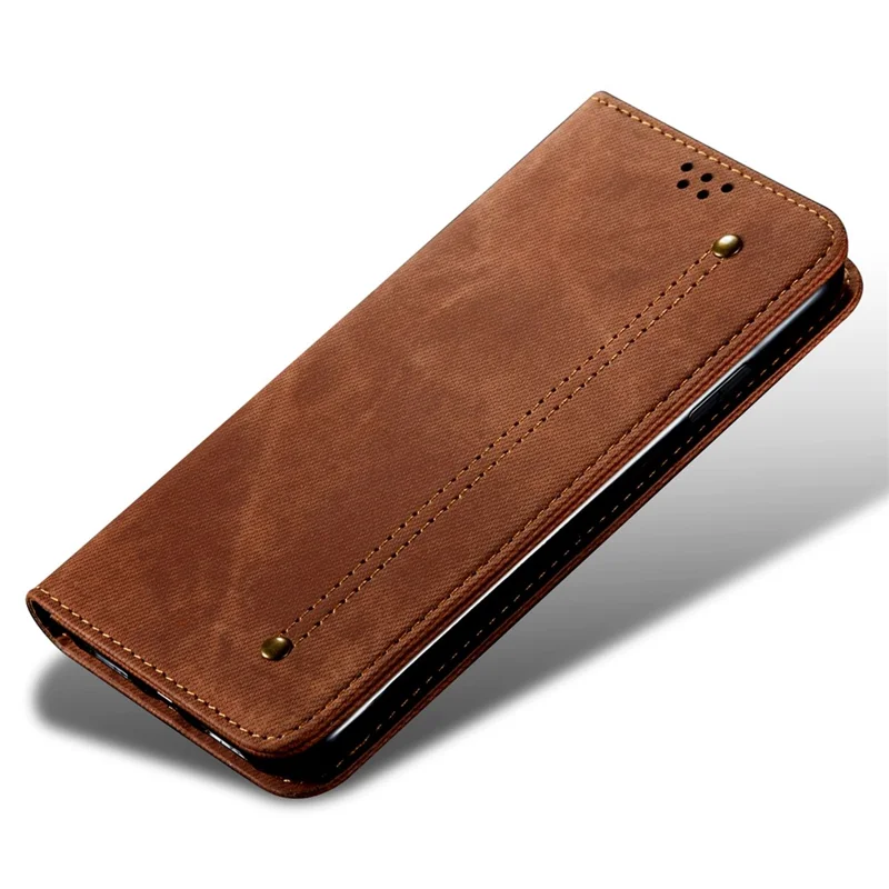 Funda para Oppo A5x 4G / 5G con Textura de Vaqueros, Protección Antiarañazos y Soporte de Cuero - Color Café