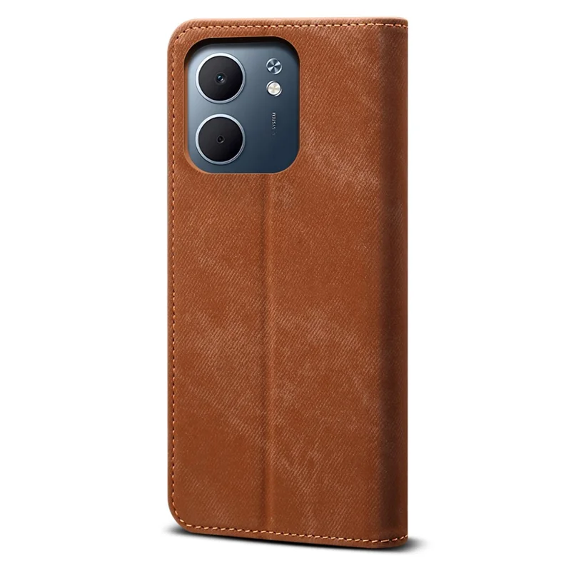 Funda para Oppo A5x 4G / 5G con Textura de Vaqueros, Protección Antiarañazos y Soporte de Cuero - Color Café