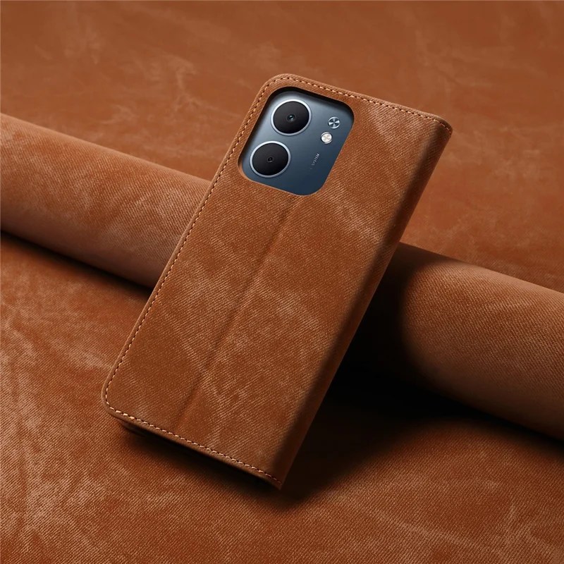 Funda para Oppo A5x 4G / 5G con Textura de Vaqueros, Protección Antiarañazos y Soporte de Cuero - Color Café