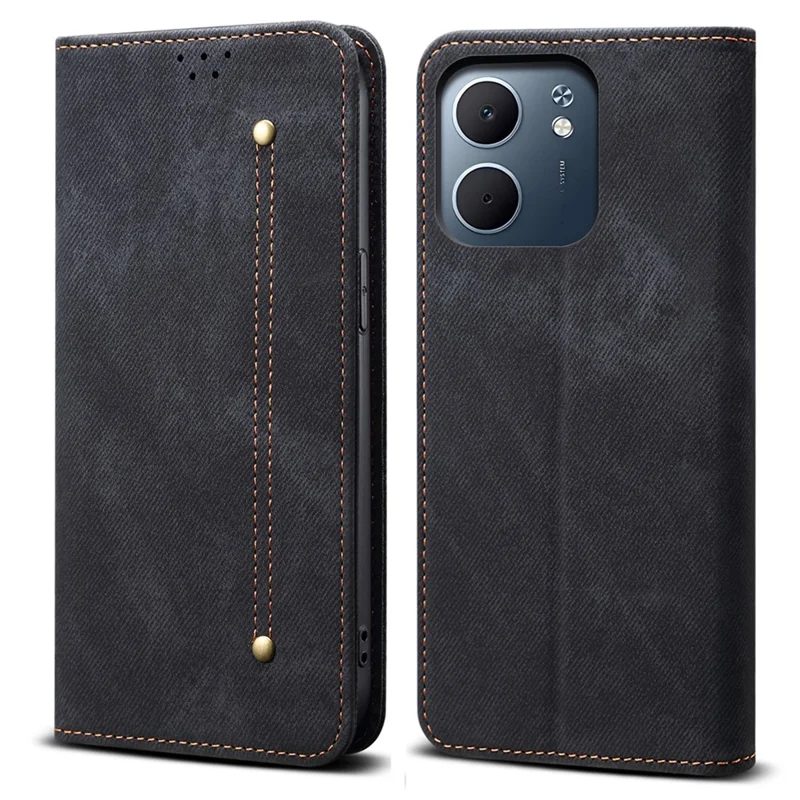 For Oppo A5x 4G / 5G Case Jeans Cloth Texture Anti-Scratch Leather Stand Phone Cover - Black