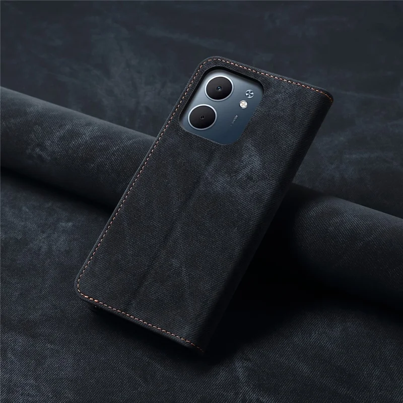 For Oppo A5x 4G / 5G Case Jeans Cloth Texture Anti-Scratch Leather Stand Phone Cover - Black