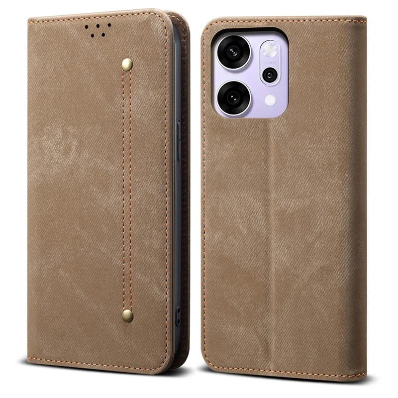 Pour Oppo Reno14 5G (Global) Étui Texture de Jean Résistant aux Rayures Housse de Téléphone en Cuir avec Support - Kaki