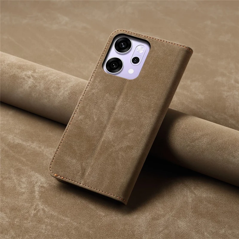 Pour Oppo Reno14 5G (Global) Étui Texture de Jean Résistant aux Rayures Housse de Téléphone en Cuir avec Support - Kaki