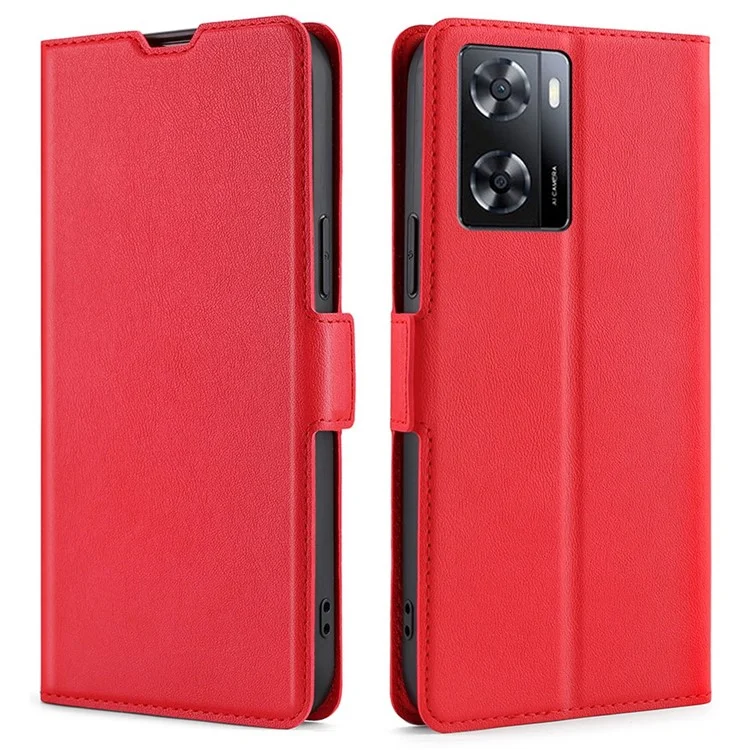 Para Oppo A57s 4G / A57e 4G / A57 4G, Capa de telefone de couro PU antirrisco, ultrafina, com fecho magnético duplo, suporte e slot para cartão - Vermelho