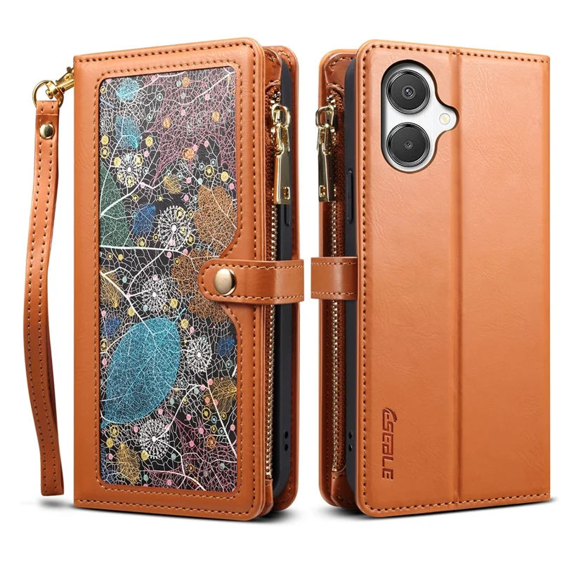 ESEBLE Galaxy Series For Samsung Galaxy A07 4G Case RFID Blocking Leather Zipper Phone Cover with Shoulder Strap + Wrist Strap - Light Brown