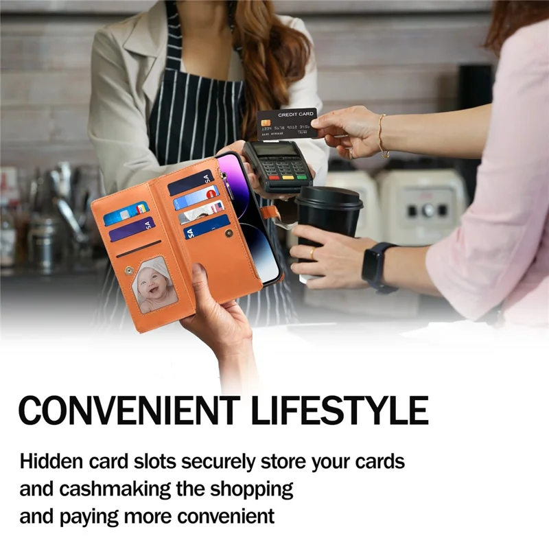 ESEBLE Galaxy Series For Samsung Galaxy A07 4G Case RFID Blocking Leather Zipper Phone Cover with Shoulder Strap + Wrist Strap - Light Brown