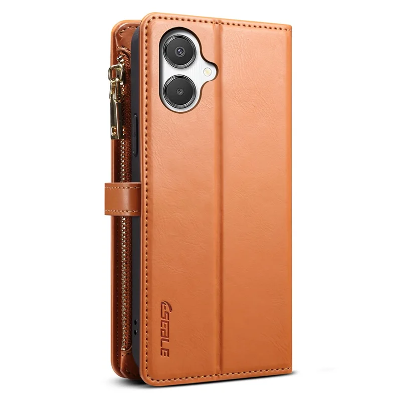 ESEBLE Galaxy Series For Samsung Galaxy A07 4G Case RFID Blocking Leather Zipper Phone Cover with Shoulder Strap + Wrist Strap - Light Brown