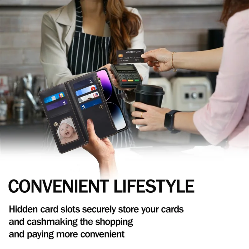 Capa ESEBLE Galaxy Series para Samsung Galaxy A17 com Bloqueio RFID, Couro Zíper, Alça de Ombro + Alça de Pulso - Preto