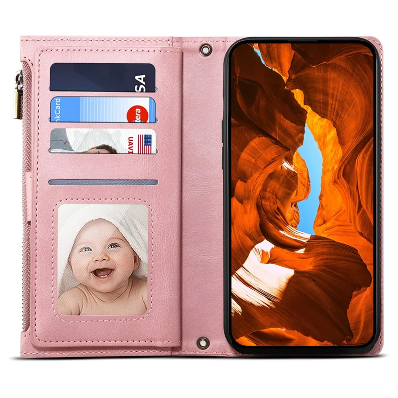 ESEBLE Star Series For Samsung Galaxy A17 Case Zipper Wallet Leather Stand Phone Cover with Wrist Strap - Rose Gold