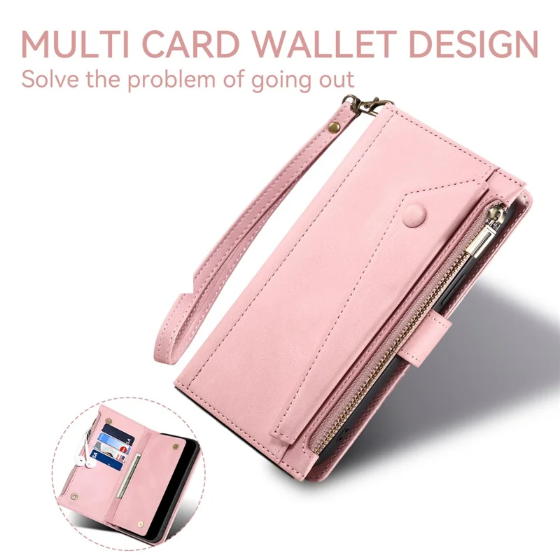 ESEBLE Star Series For Samsung Galaxy A17 Case Zipper Wallet Leather Stand Phone Cover with Wrist Strap - Rose Gold
