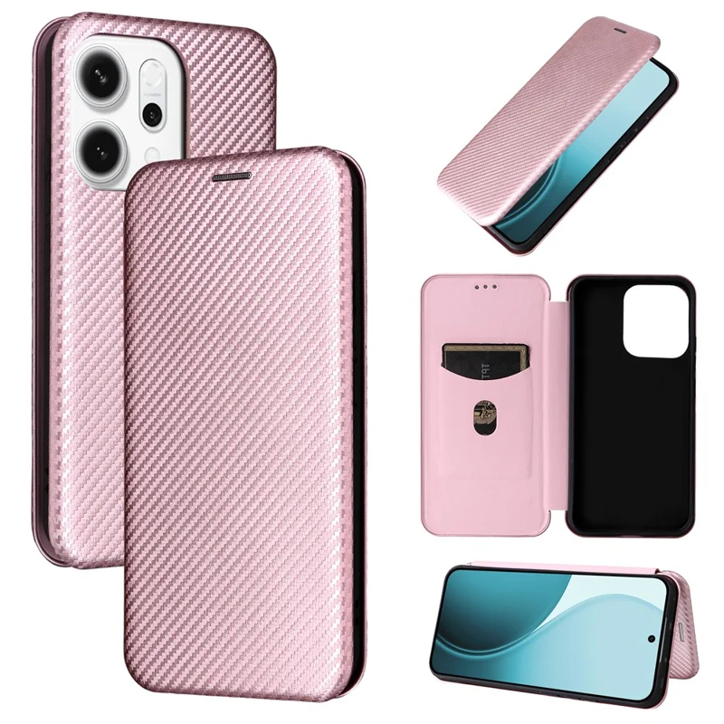 Für Oppo Reno14 5G (Global) Hülle Karbonfaser-Textur Stoßfeste PU-Leder Handyhülle - Roségold