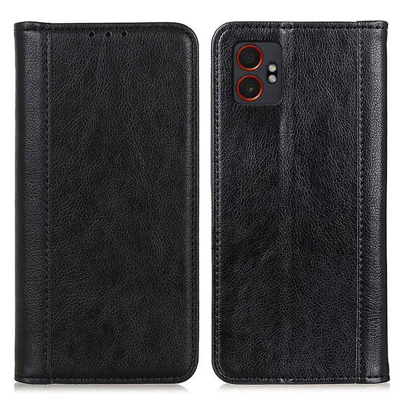 Capa de Couro com Suporte para Samsung Galaxy XCover7 Pro - Textura Couro de Lichia, Carteira, Cor Preta