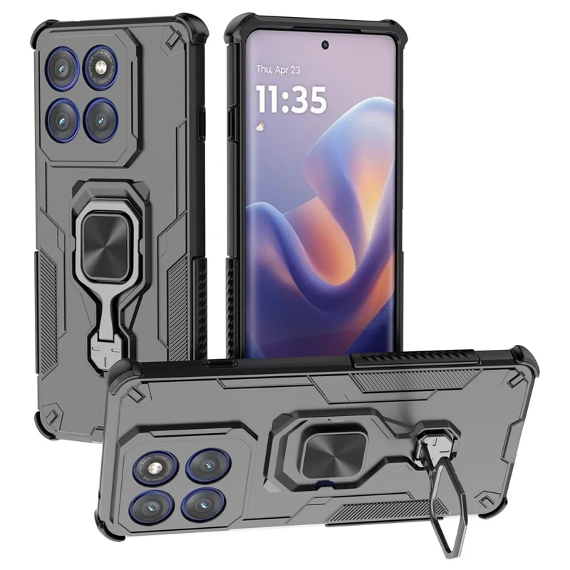 For Motorola Edge 60 Pro 5G Case Rotatable Ring Kickstand PC + TPU Shockproof Phone Cover - Black