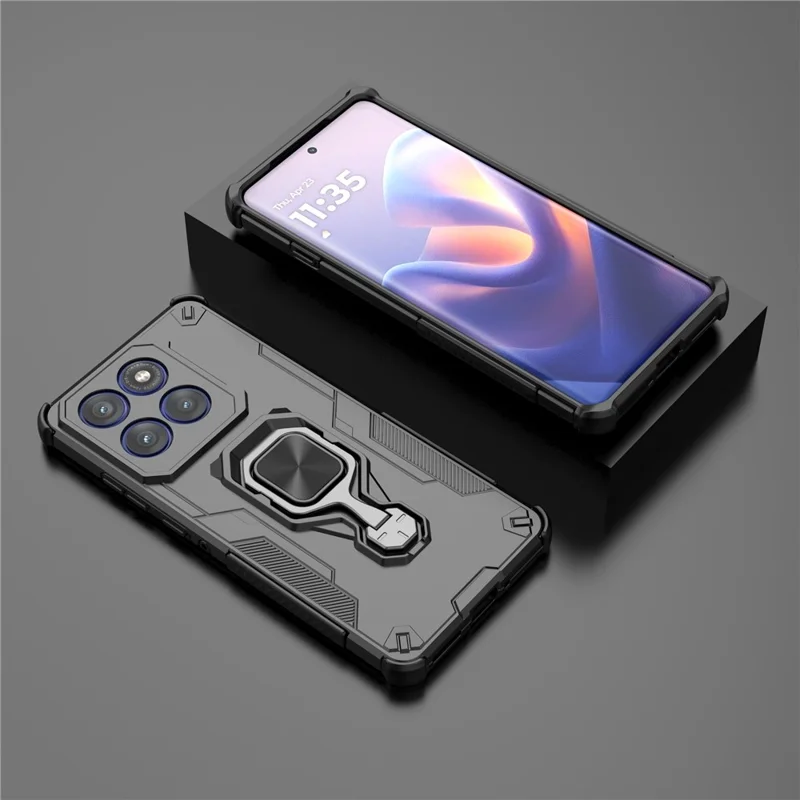 For Motorola Edge 60 Pro 5G Case Rotatable Ring Kickstand PC + TPU Shockproof Phone Cover - Black