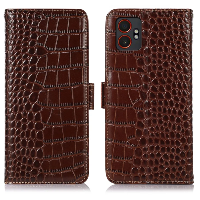 For Samsung Galaxy XCover7 Pro Case Crocodile Texture Genuine Cow Leather Phone Wallet Cover - Brown