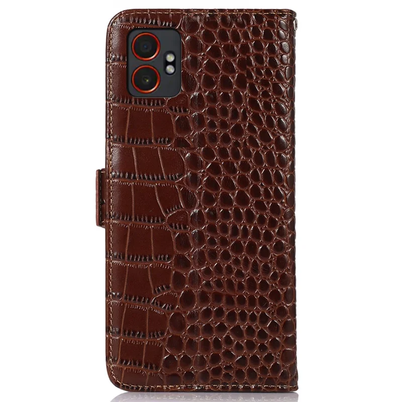 For Samsung Galaxy XCover7 Pro Case Crocodile Texture Genuine Cow Leather Phone Wallet Cover - Brown