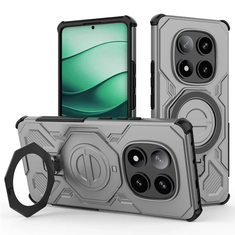 For Xiaomi Redmi Note 14 Pro 5G Magnetic Case Rotating Metal Kickstand Shockproof PC + TPU Phone Back Cover - Grey