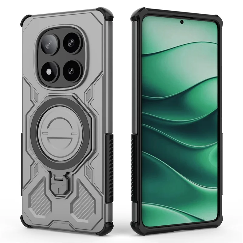 For Xiaomi Redmi Note 14 Pro 5G Magnetic Case Rotating Metal Kickstand Shockproof PC + TPU Phone Back Cover - Grey
