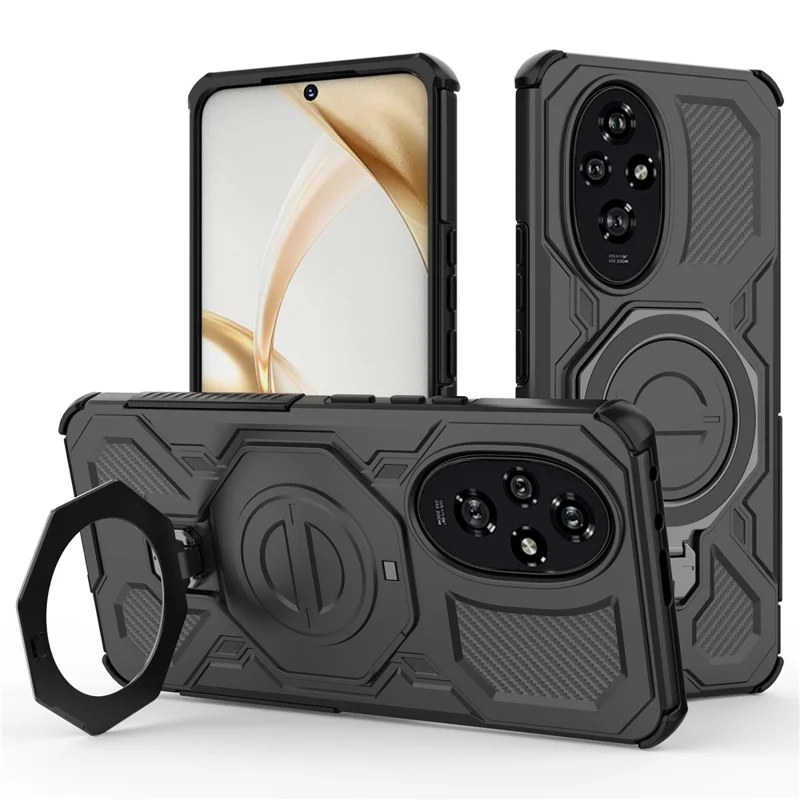 For Honor 200 5G Magnetische Hülle mit rotierendem Metallständer, stoßfeste PC + TPU Smartphone-Rückseite - Schwarz