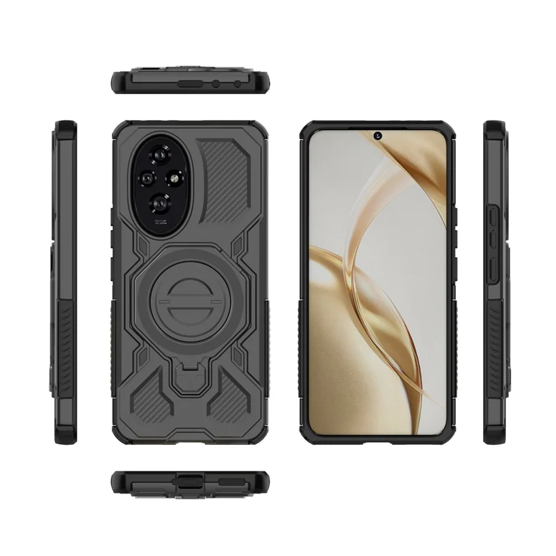 For Honor 200 5G Magnetische Hülle mit rotierendem Metallständer, stoßfeste PC + TPU Smartphone-Rückseite - Schwarz