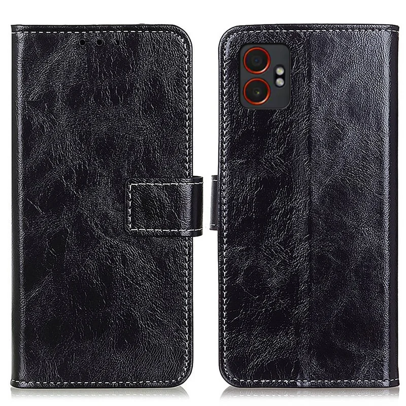 For Samsung Galaxy XCover7 Pro Case Wallet Leather Phone Cover Crazy Horse Texture - Black