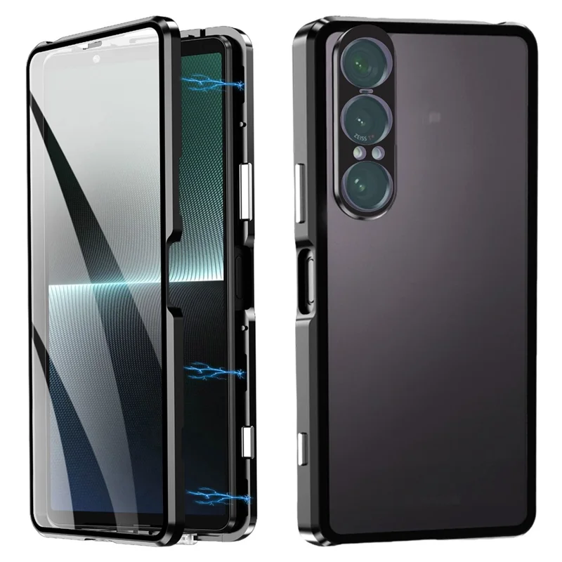 For Sony Xperia 1 VII Case Clear Tempered Glass + Metal + PC Back Magnetic Adsorption Phone Cover - Black