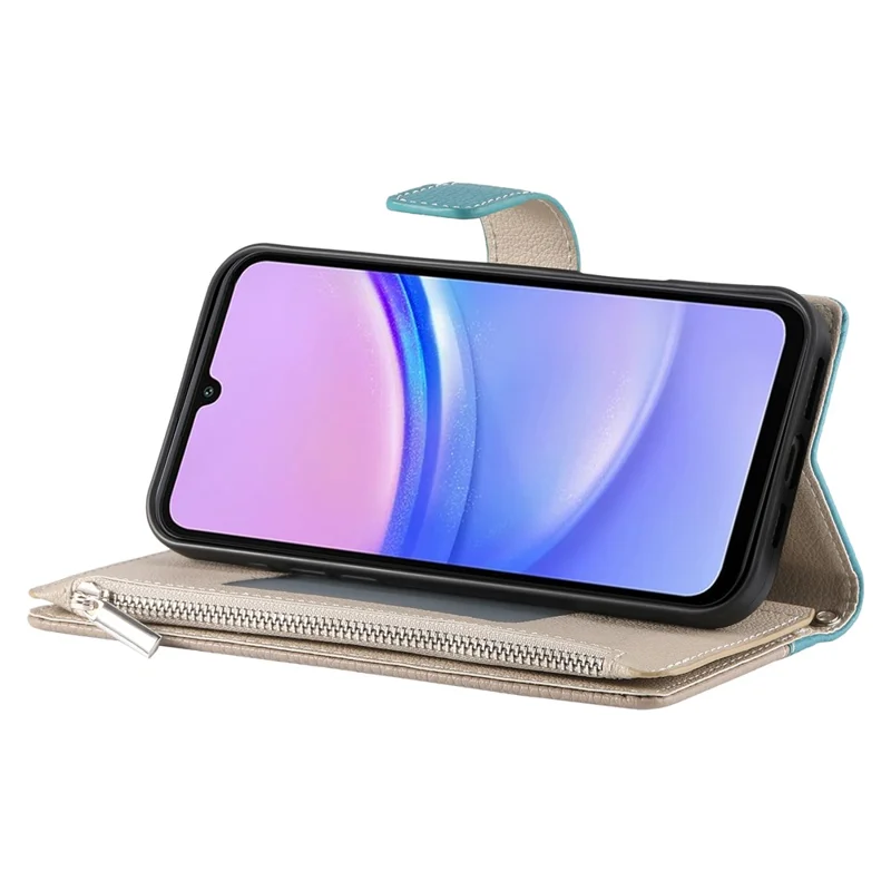 Für Samsung Galaxy A05 4G Hülle Reißverschluss Geldbörse Farbsplitting Leder Flip Handyhülle mit Trägern - Seeblau